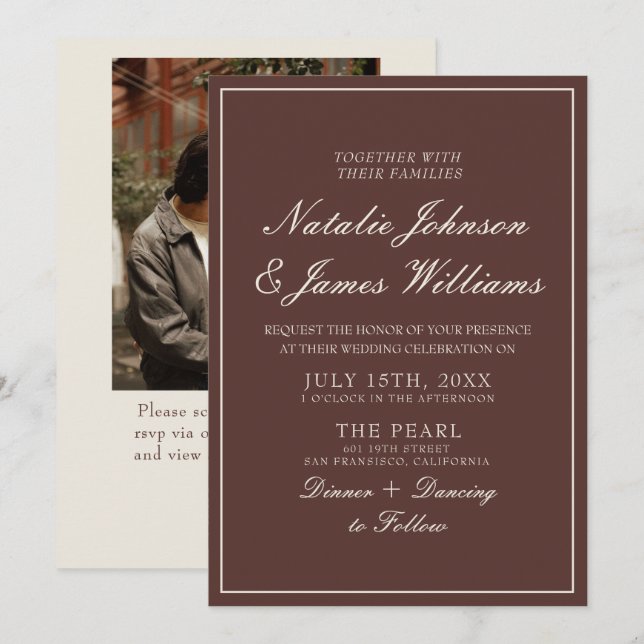 Chocolate Brown Old Money QR Code Photo Wedding Invitation (Front/Back)