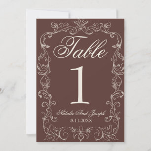 Chocolate Brown Old Money Wedding Table Number