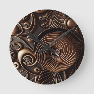 Chocolate Brown Ornamental Spirals and Swirls Round Clock