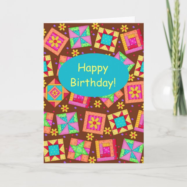 Chocolate Brown Patchwork Quilt Art Happy Birthday Card (Front)