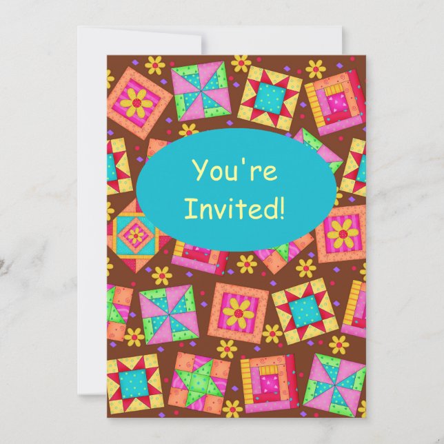 Chocolate Brown Patchwork Quilt Block Art Invitation (Front)