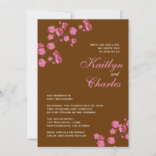 Chocolate Brown Pink Flowers Vintage Wedding Invitation