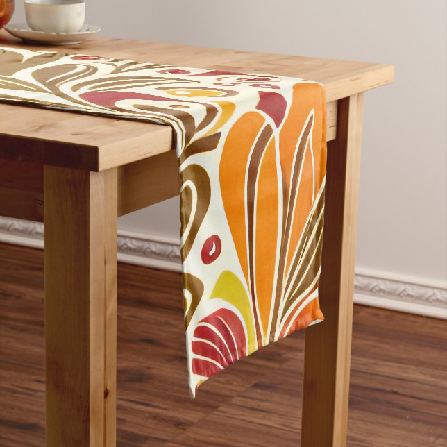 Chocolate Brown Red Abstract Floral Leaves Pattern Short Table Runner (In Situ)