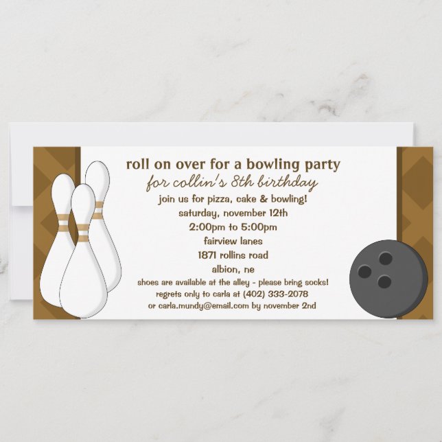 Chocolate Brown Roll Over Bowling Birthday Party Invitation (Front)