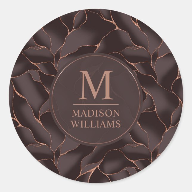 Chocolate Brown & Rose Gold Abstract Wave Pattern Classic Round Sticker (Front)