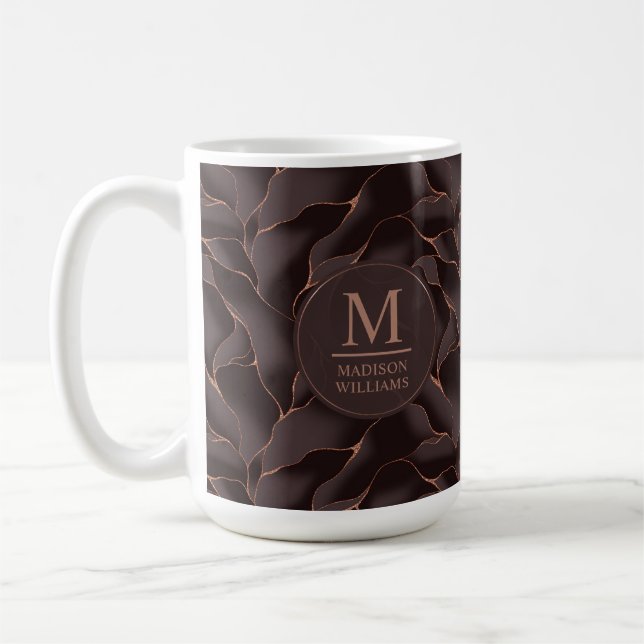 Chocolate Brown & Rose Gold Abstract Wave Pattern Coffee Mug (Left)