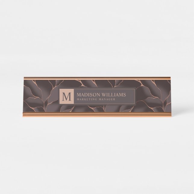 Chocolate Brown & Rose Gold Abstract Wave Pattern Desk Name Plate (Front)
