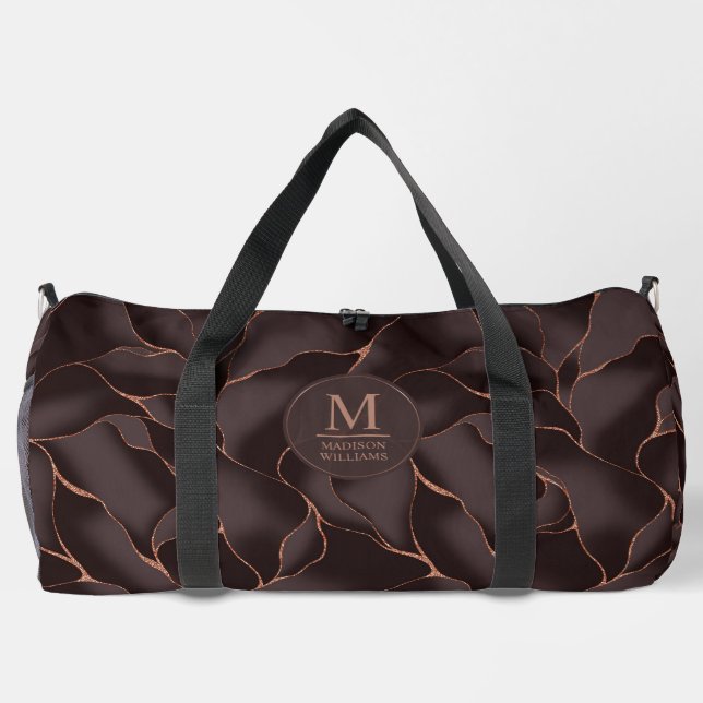 Chocolate Brown & Rose Gold Abstract Wave Pattern Duffle Bag (Back)