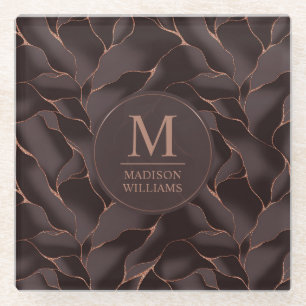 Chocolate Brown & Rose Gold Abstract Wave Pattern Glass Coaster