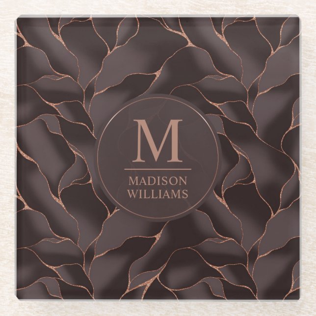 Chocolate Brown & Rose Gold Abstract Wave Pattern Glass Coaster (Front)
