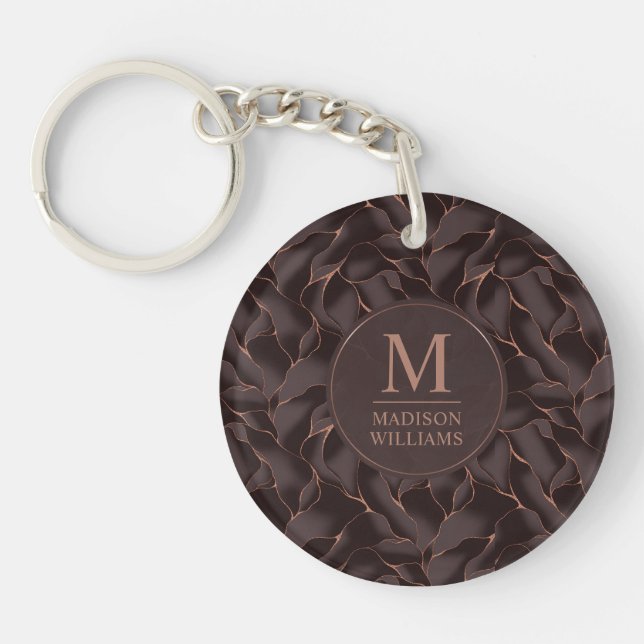 Chocolate Brown & Rose Gold Abstract Wave Pattern Key Ring (Front)