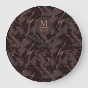 Chocolate Brown & Rose Gold Abstract Wave Pattern Large Clock