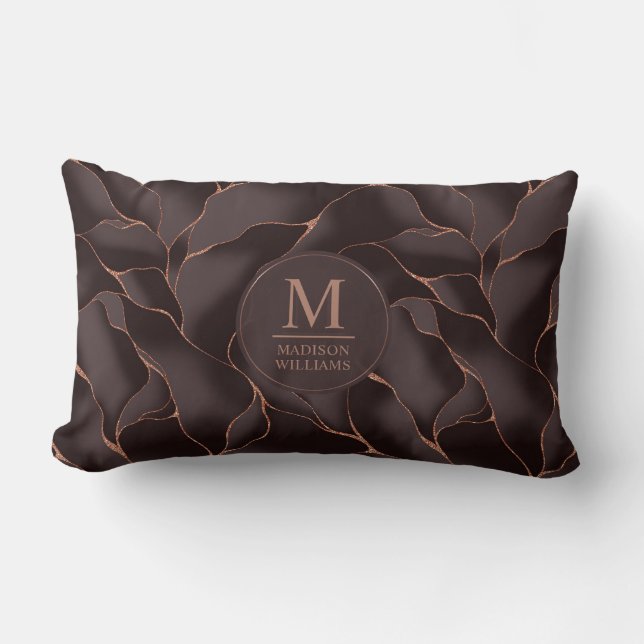 Chocolate Brown & Rose Gold Abstract Wave Pattern Lumbar Cushion (Front)