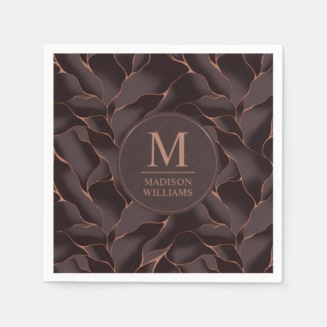 Chocolate Brown & Rose Gold Abstract Wave Pattern Napkin (Front)