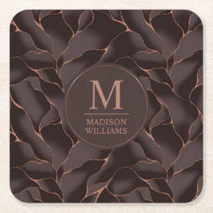 Chocolate Brown & Rose Gold Abstract Wave Pattern Square Paper Coaster