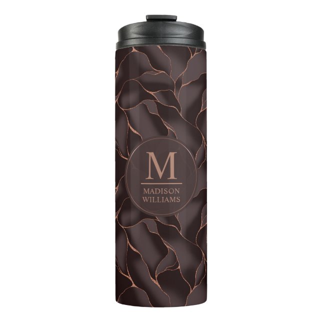 Chocolate Brown & Rose Gold Abstract Wave Pattern Thermal Tumbler (Front)