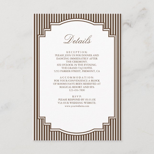 Chocolate Brown Striped Wedding Details Enclosure Card (Front)