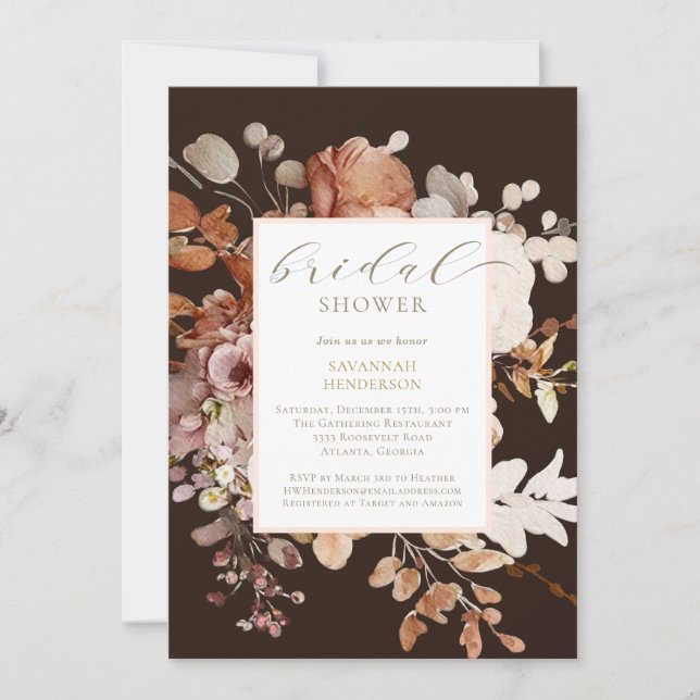 Chocolate Brown Terracotta Floral Bridal Shower Invitation (Front)