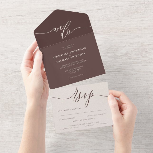 Chocolate Brown Wedding script we do All In One Invitation (Tearaway)