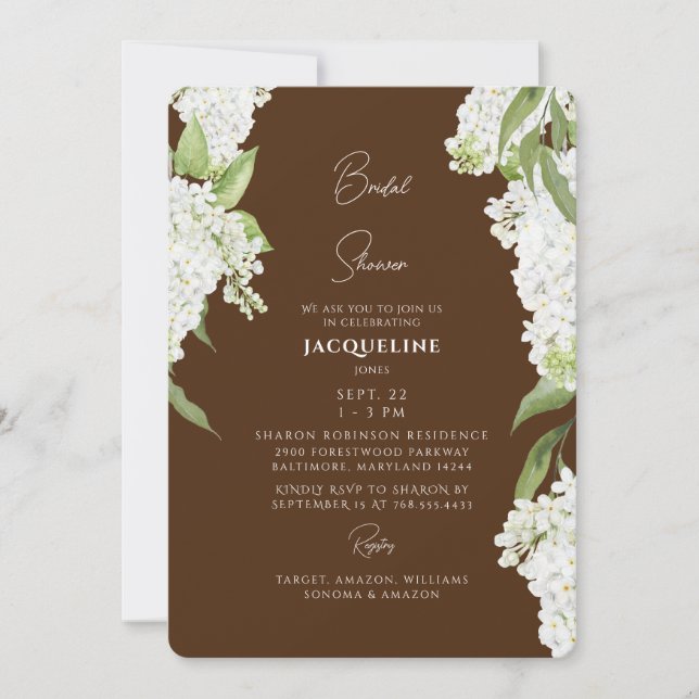 Chocolate Brown White Hydrangeas Bridal Shower Invitation (Front)