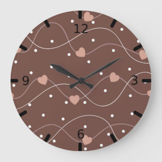 Chocolate Brown with Pink Hearts Pattern Large Clock