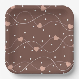 Chocolate Brown with Pink Hearts Pattern Paper Plate