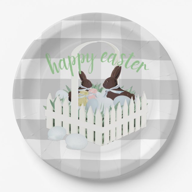 Chocolate Bunnies Eggs Grey Easter Paper Plate (Front)
