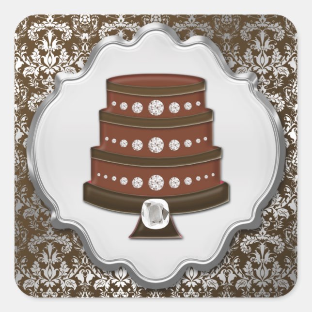 Chocolate Cake Couture Damask Square Bakery Label (Front)