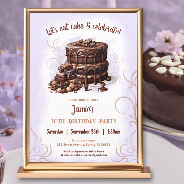 Chocolate Cake Purple Brown 30th Birthday Party Invitation (Chocolate Cake Purple Brown 30th Birthday Party Invitation)