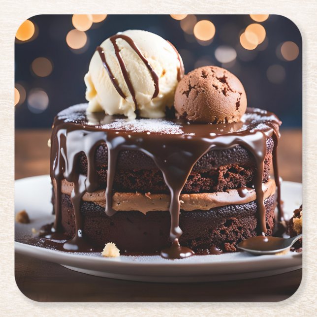 Chocolate Cake Square Paper Coaster (Front)