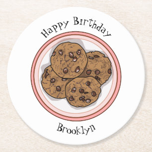 Chocolate chip cookie cartoon illustration round paper coaster