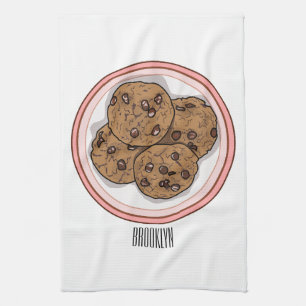 Chocolate chip cookie cartoon illustration tea towel