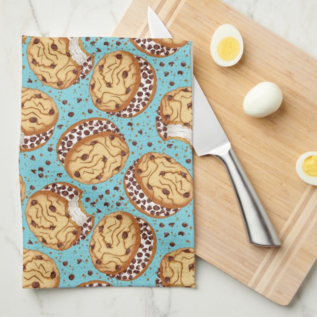 Chocolate Chip Cookie Ice Cream Sandwich Pattern Tea Towel (Quarter Fold)