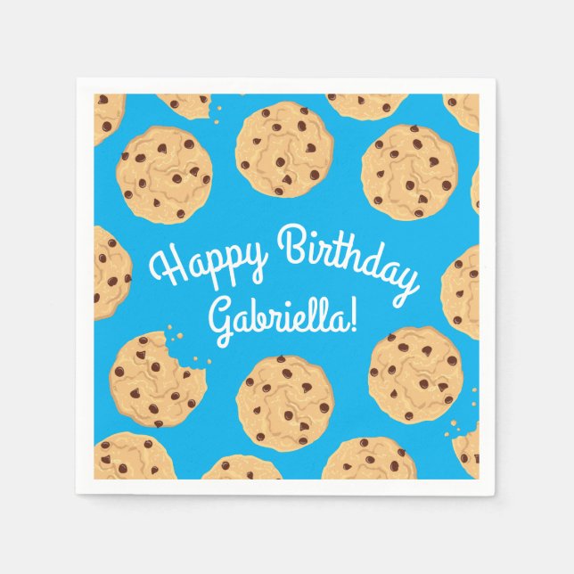 Chocolate Chip Cookie Kids 1st Birthday Party Blue Napkin (Front)