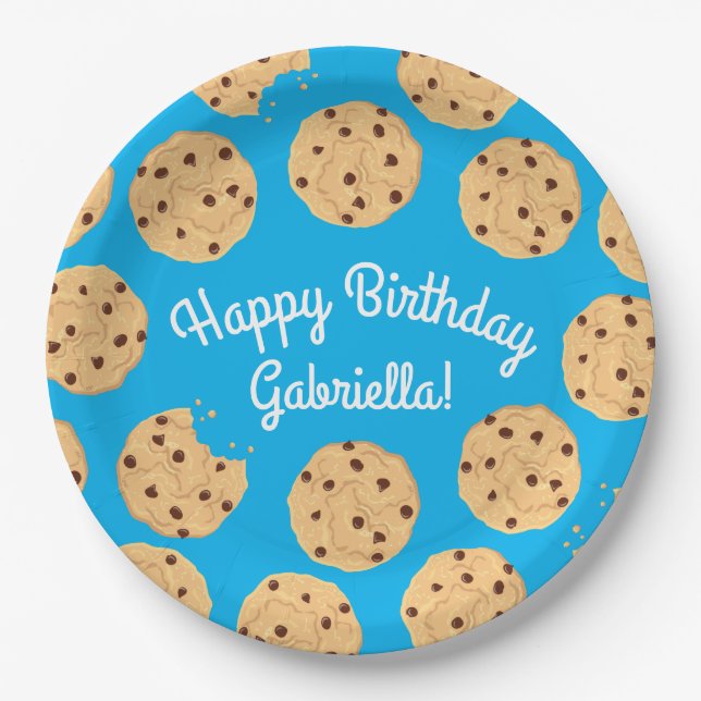 Chocolate Chip Cookie Kids 1st Birthday Party Blue Paper Plate (Front)