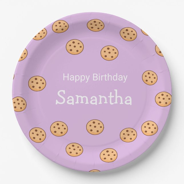 Chocolate chip cookies birthday purple  paper plate (Front)