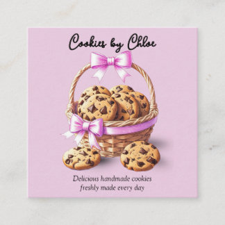 Chocolate Chip Cookies in Basket with Pink Bow Square Business Card