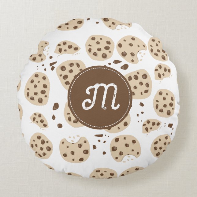 Chocolate Chip Cookies Pattern Monogram Round Cushion (Front)