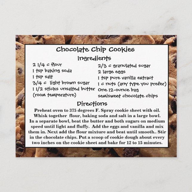 Chocolate Chip Cookies Recipe Card  Postcard (Front)