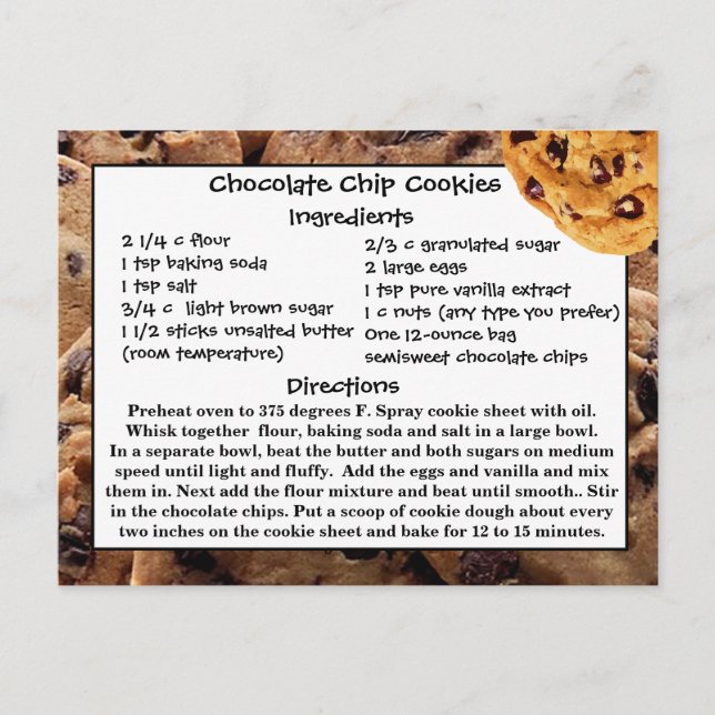 Chocolate Chip Cookies Recipe Card  Postcard (Front)