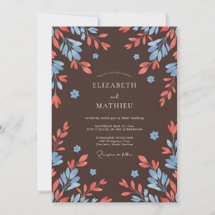 Chocolate Coral Leaf Wedding Invitation