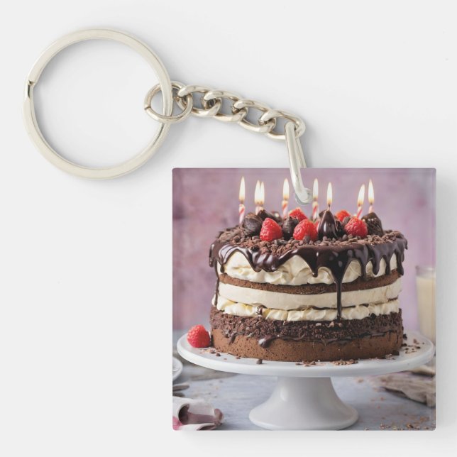 Chocolate Cream Birthday Cake With Strawberries,  Key Ring (Front)