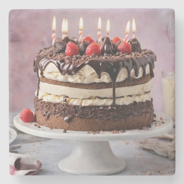 Chocolate Cream Birthday Cake With Strawberries,  Stone Coaster (Front)