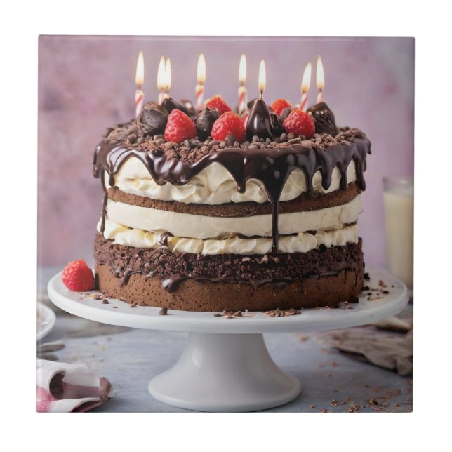 Chocolate Cream Birthday Cake With Strawberries,  Tile (Front)