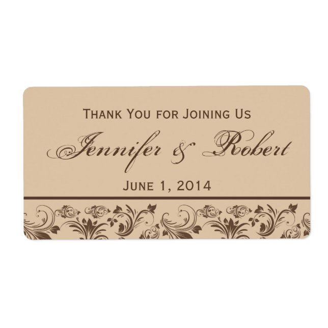 Chocolate Cream Floral Scroll Water Bottle Label (Front)