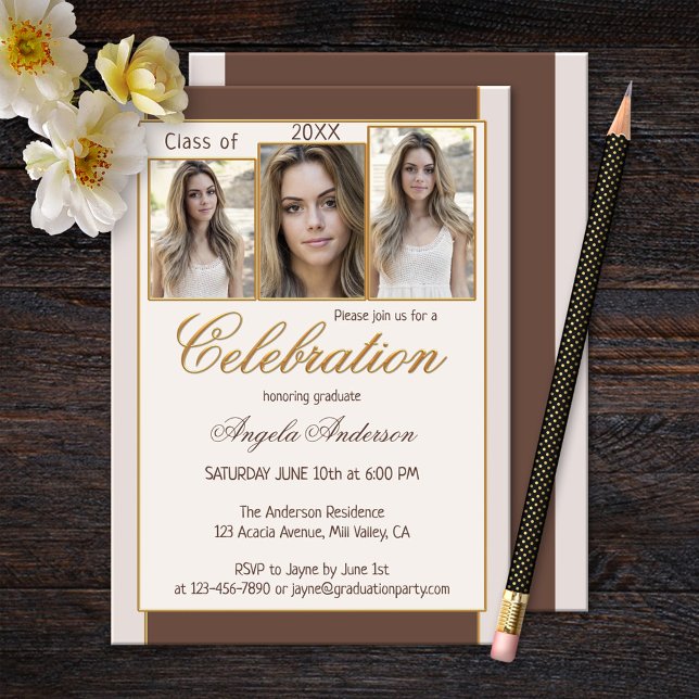 Chocolate Cream Gold Photo Graduation Invitation (Creator Uploaded)