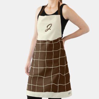 Chocolate Cream Grid Square Boho Pattern Monogram Apron