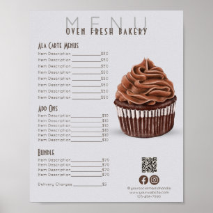 Chocolate Cupcake Grey Menu Bakery Price List Poster