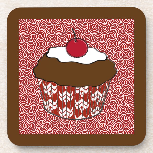Chocolate Cupcake on Red and White Pattern Coaster (Front)