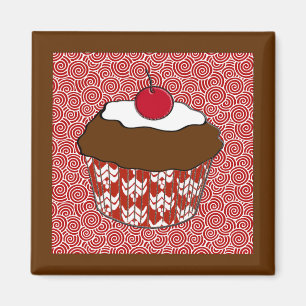 Chocolate Cupcake on Red and White Pattern Magnet